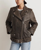 Vintage Brown Distressed Leather Biker Jacket Women For Sale