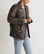 Vintage Brown Distressed Leather Biker Jacket Women In USA