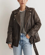 Vintage Brown Distressed Leather Biker Jacket Women