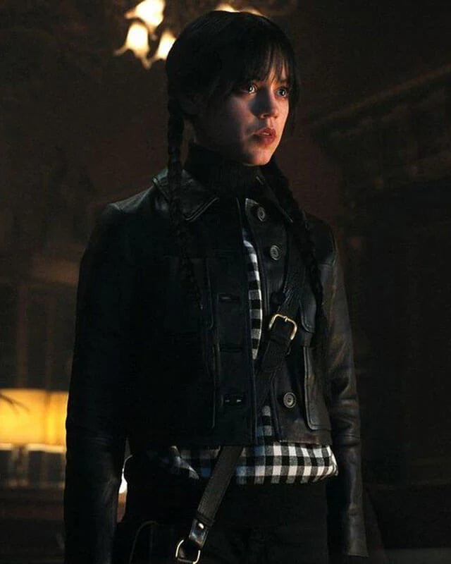Wednesday Addams Black Cropped Leather Jacket