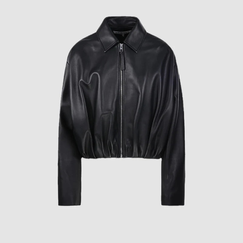 Woman-Loewe-Black-Lambskin-Draped-Leather-Jacket