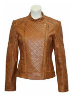 Women Slim Fit Brown Quilted Leather Jacket