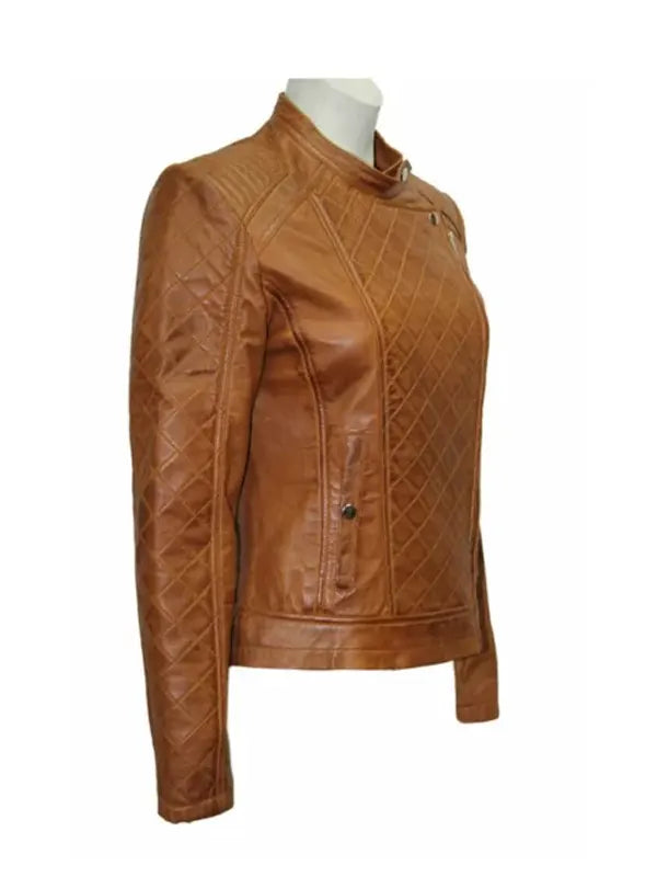 Women Slim Fit Brown Quilted Leather Jacket