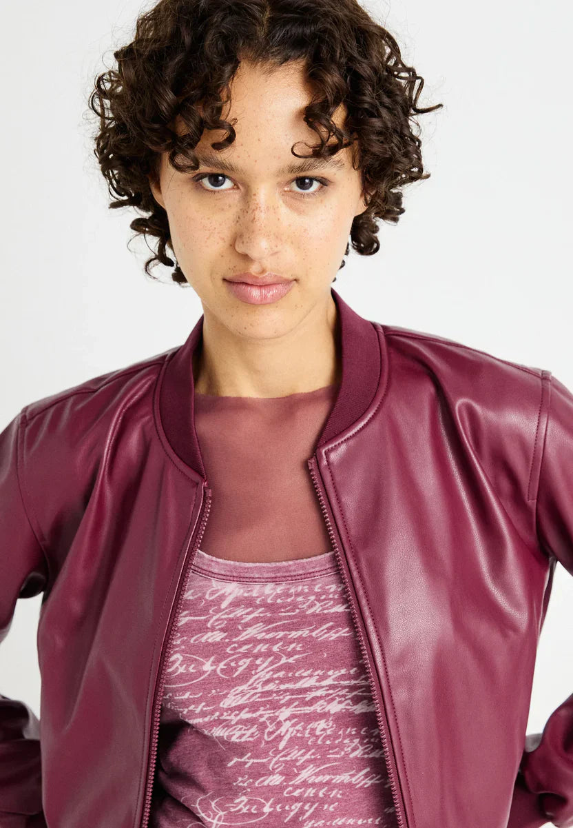 Burgundy Leather Bomber Jacket Women