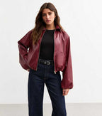 Genuine Leather Burgundy Bomber Jacket Women