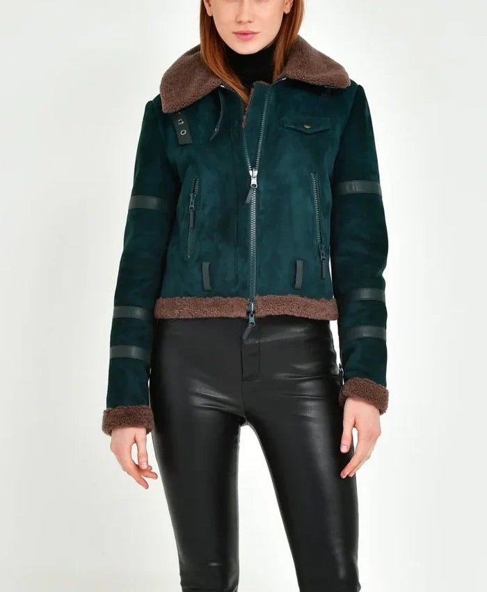 Women’s B3 Leather Bomber Green Shearling Coat For Sale