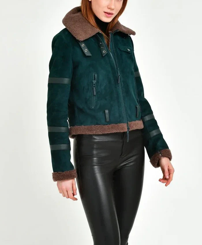 Women’s B3 Leather Bomber Green Shearling Coat For Women