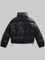 Womens-Black-San-Francisco-49ers-Faux-Leather-Puffer-Jacket-Back