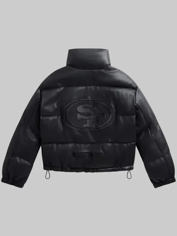 Womens-Black-San-Francisco-49ers-Faux-Leather-Puffer-Jacket-Back