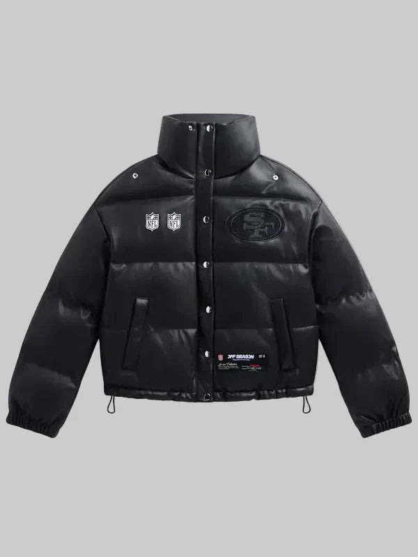Womens-Black-San-Francisco-49ers-Faux-Leather-Puffer-Jacket