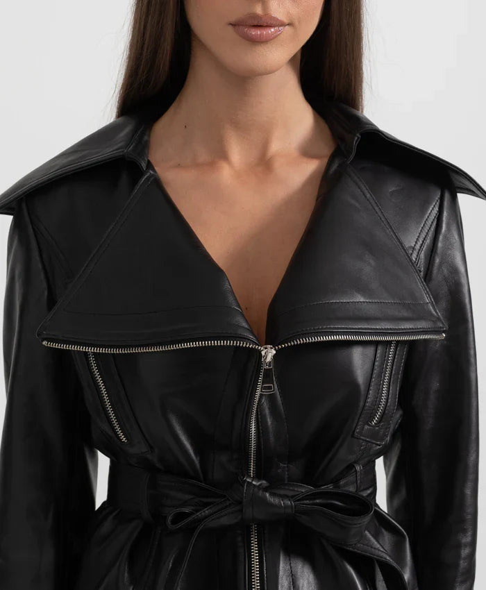 Womens Black Wide Lapel Leather Jacket With Belted For Sale