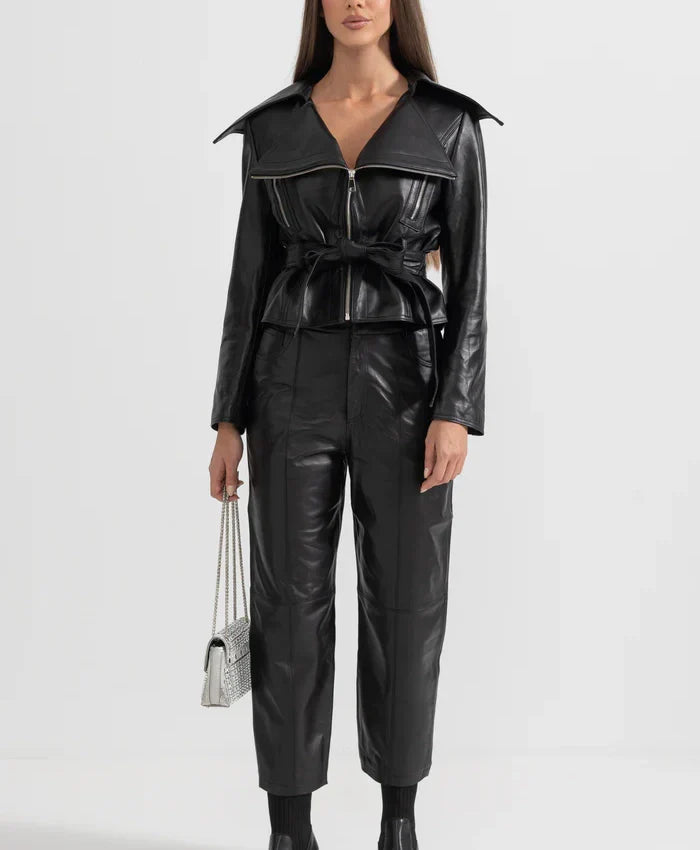 Womens Black Wide Lapel Leather Jacket With Belted For Women