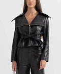 Womens Black Wide Lapel Leather Jacket With Belted