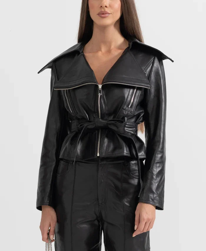 Womens Black Wide Lapel Leather Jacket With Belted