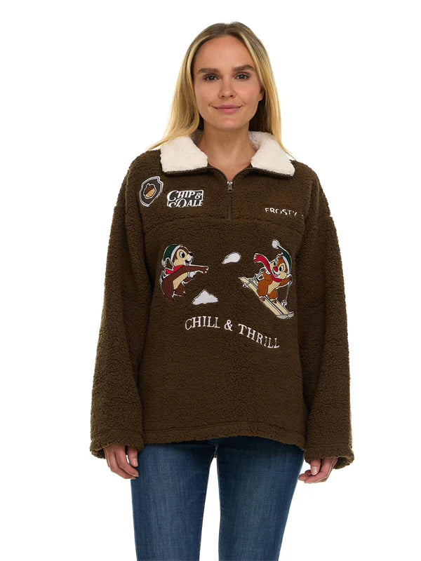 Womens-Character-Winter-Sherpa-Quarter-Zip-Pullover-Brown-Jacket