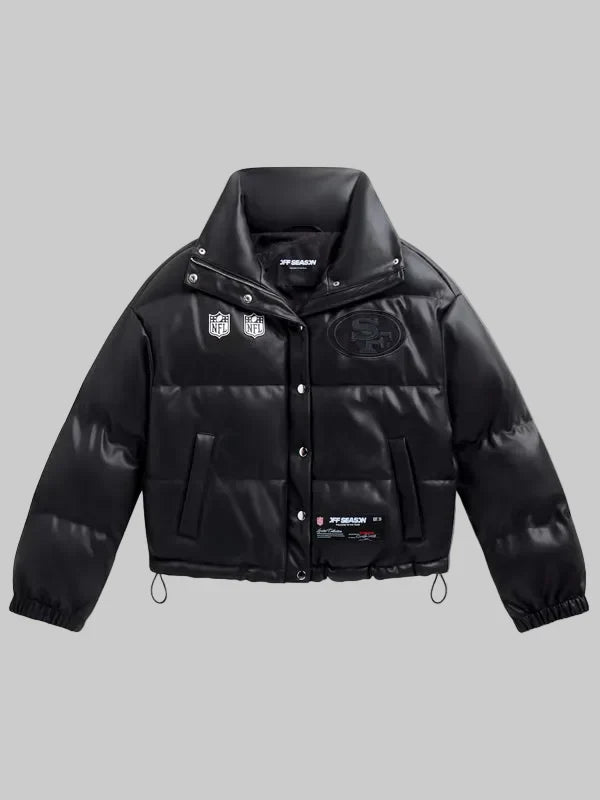 Womens-San-Francisco-49ers-Faux-Leather-Puffer-Black-Jacket