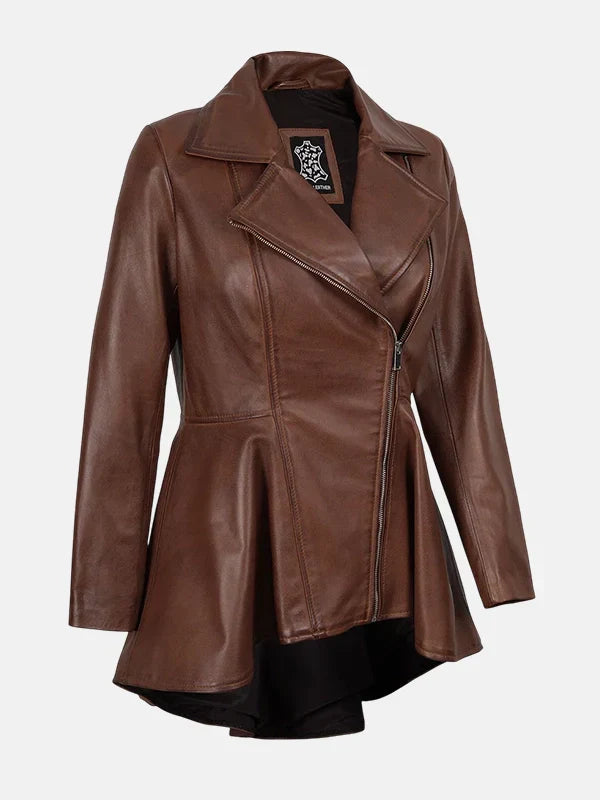 Womens Cognac Peplum Brown Leather Jacket