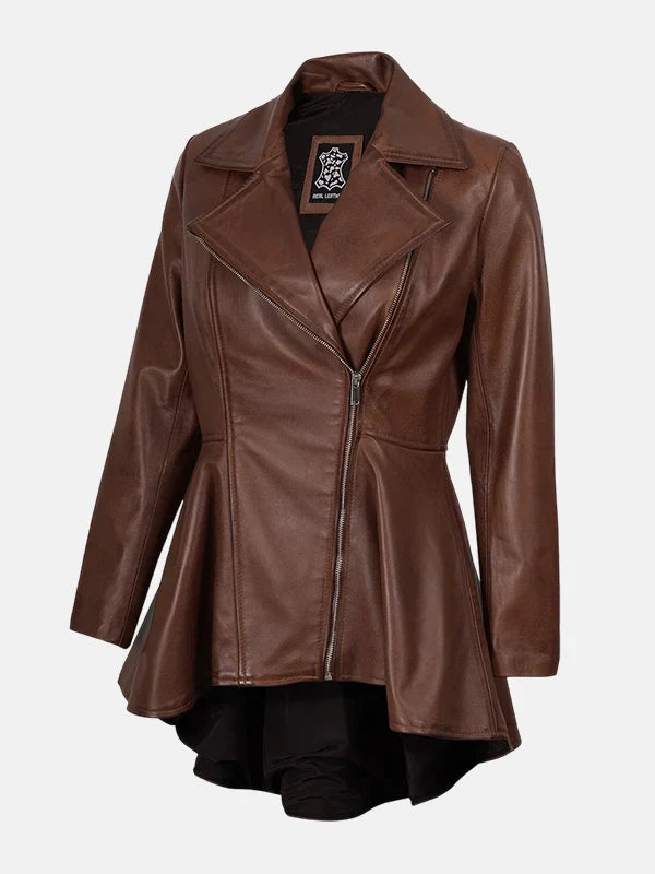 Womens Cognac Peplum Brown Leather Jacket
