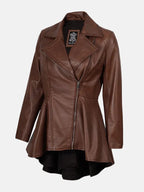 Womens Cognac Peplum Brown Leather Jacket
