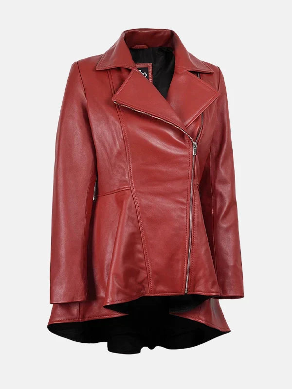 Women���s Red Leather Peplum Jacket