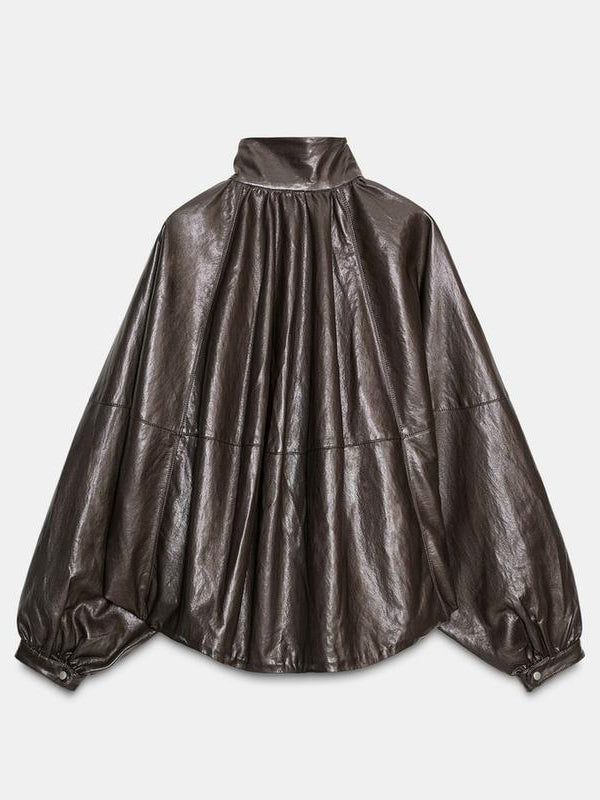 Zara-Funnel-Neck-Leather-Brown-Jacket