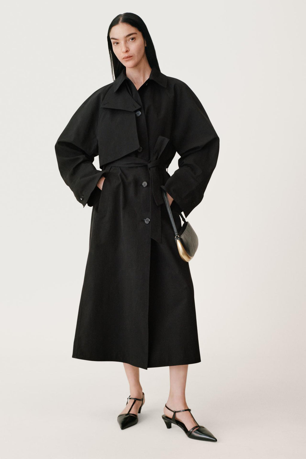 Zara black cropped trench coat front view