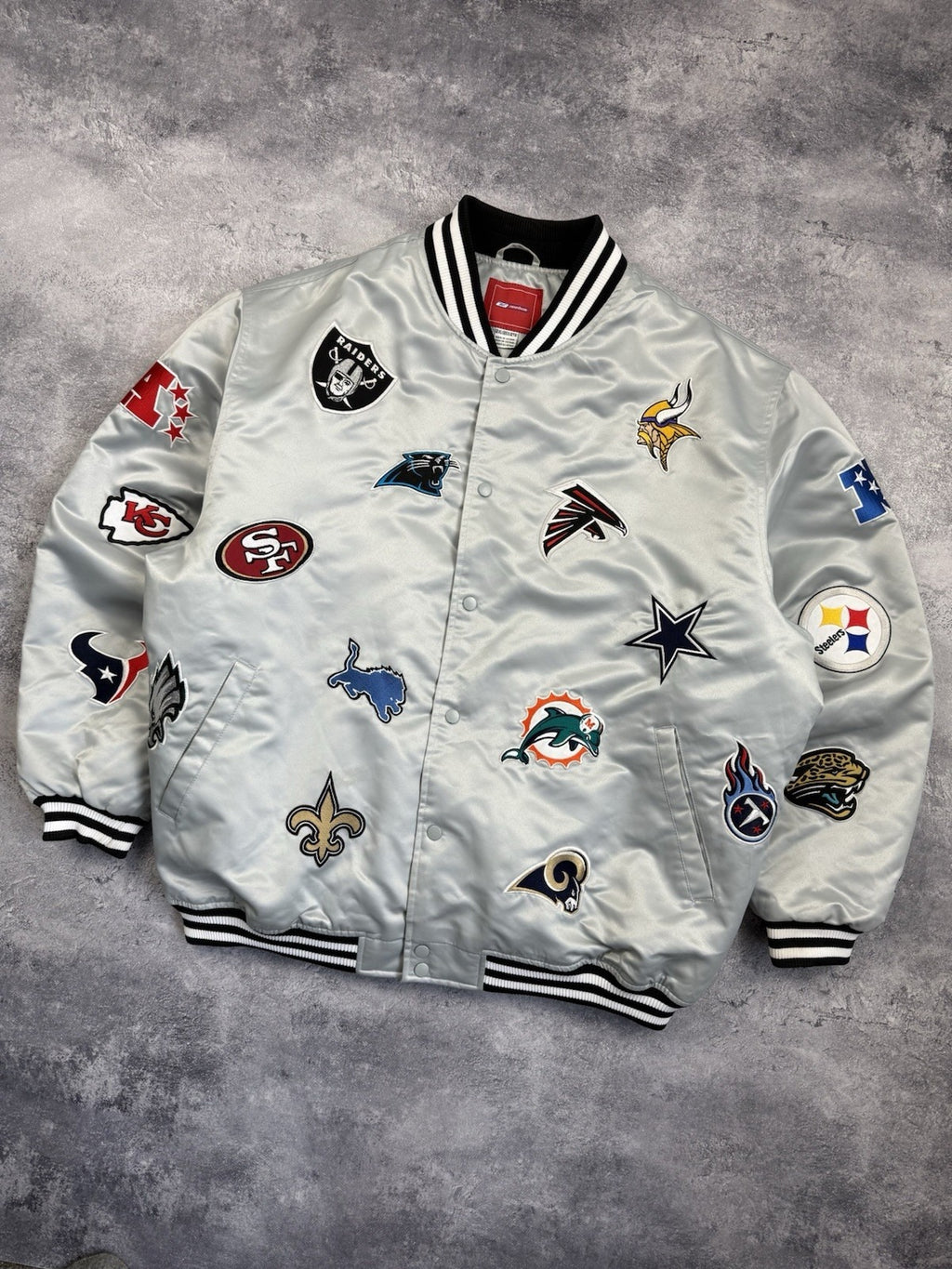 NFL All Over Team Logo Patch Satin Bomber Jacket