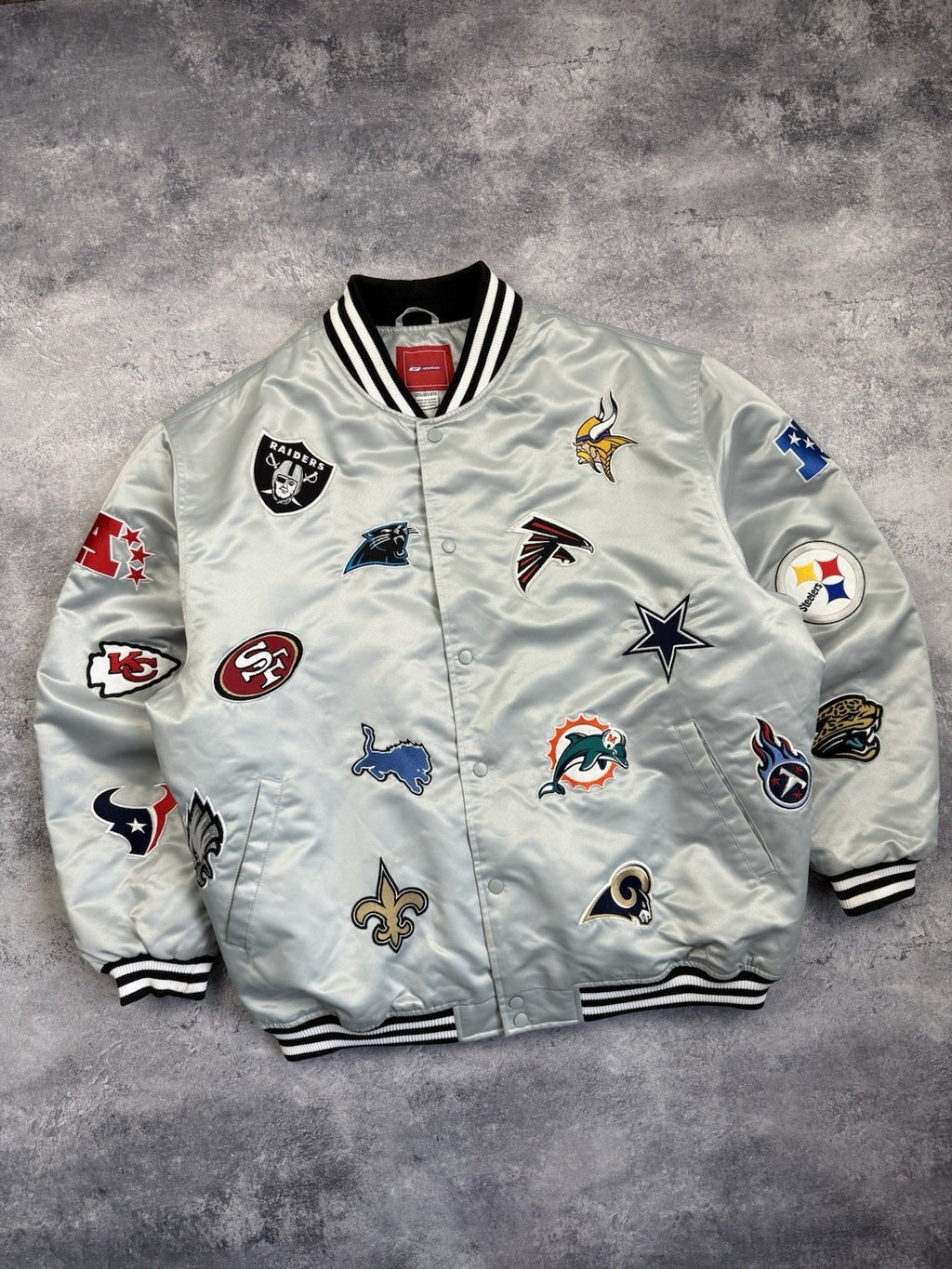 NFL All Over Team Logo Patch Satin Bomber Jacket