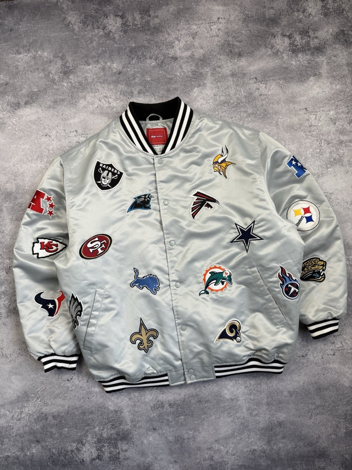 NFL All Over Team Logo Patch Satin Bomber Jacket