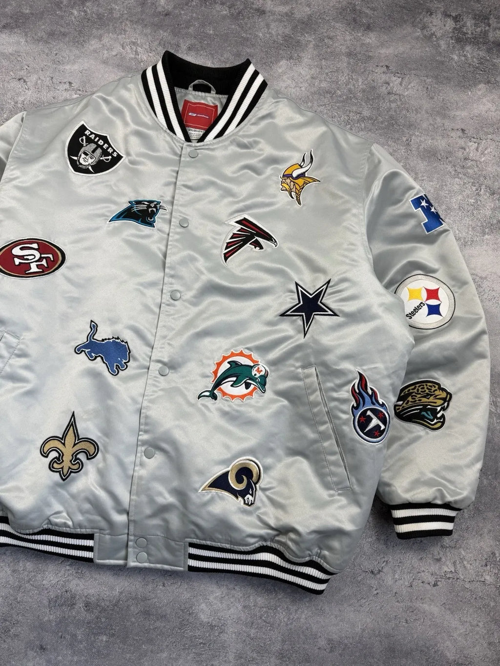 NFL All Over Team Logo Patch Satin Bomber Jacket