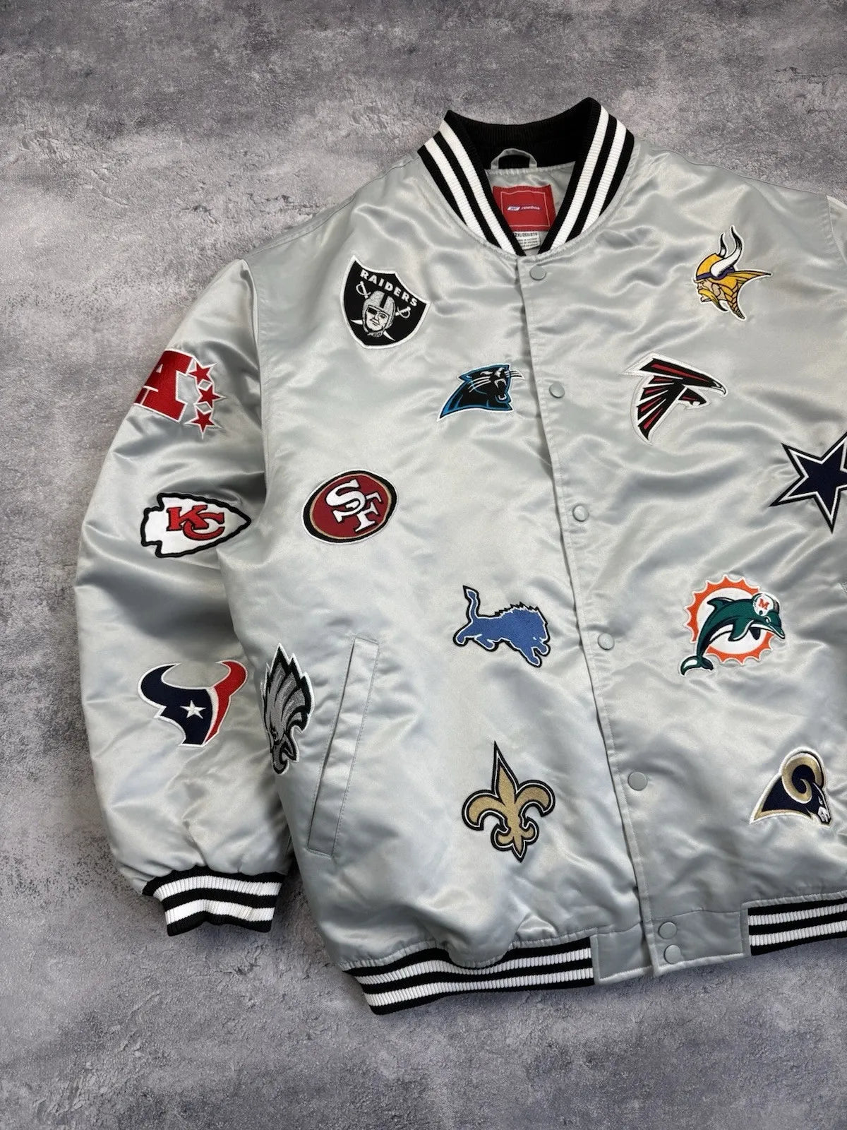 NFL All Over Team Logo Patch Satin Bomber Jacket