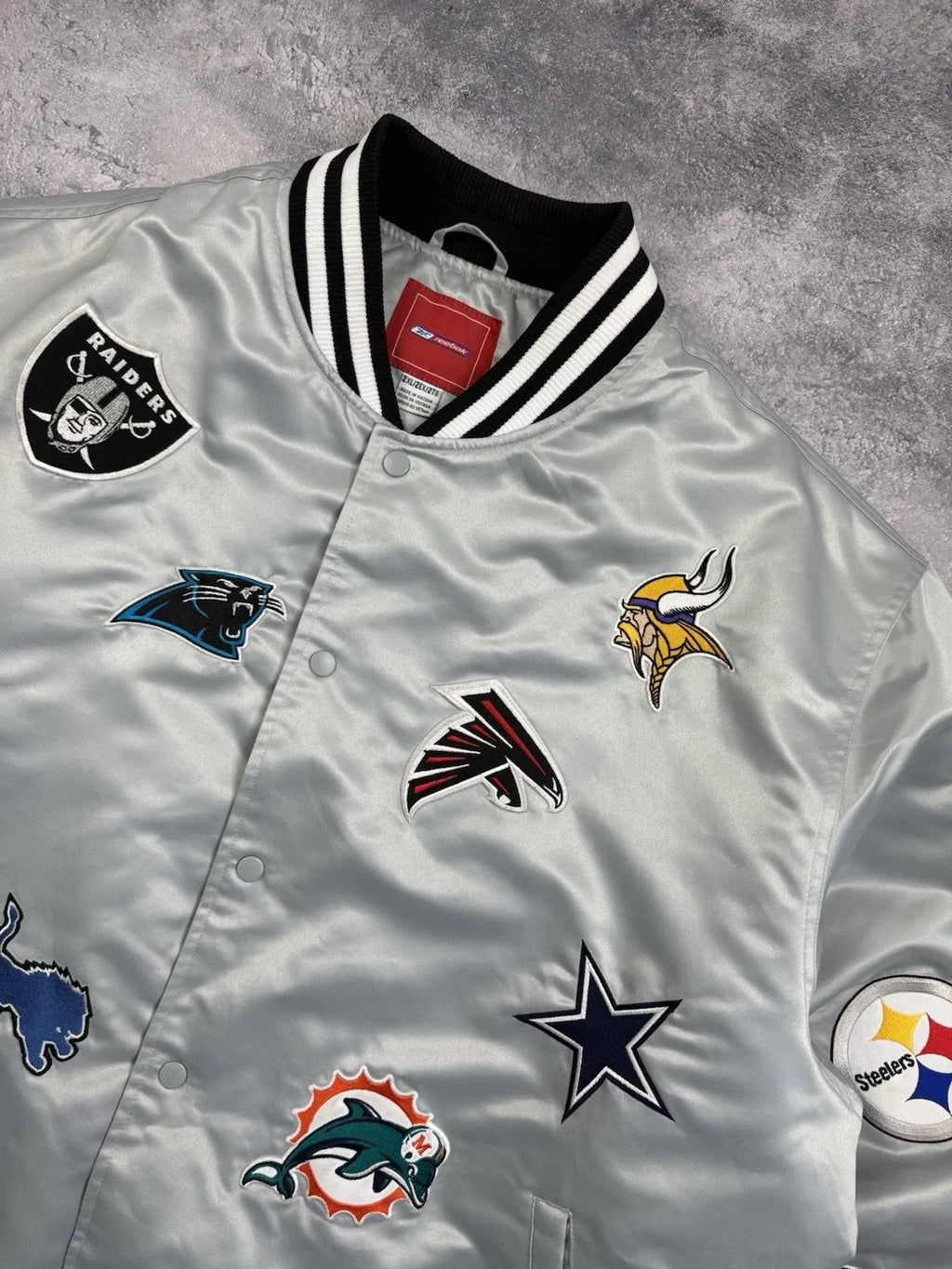 NFL All Over Team Logo Patch Satin Bomber Jacket