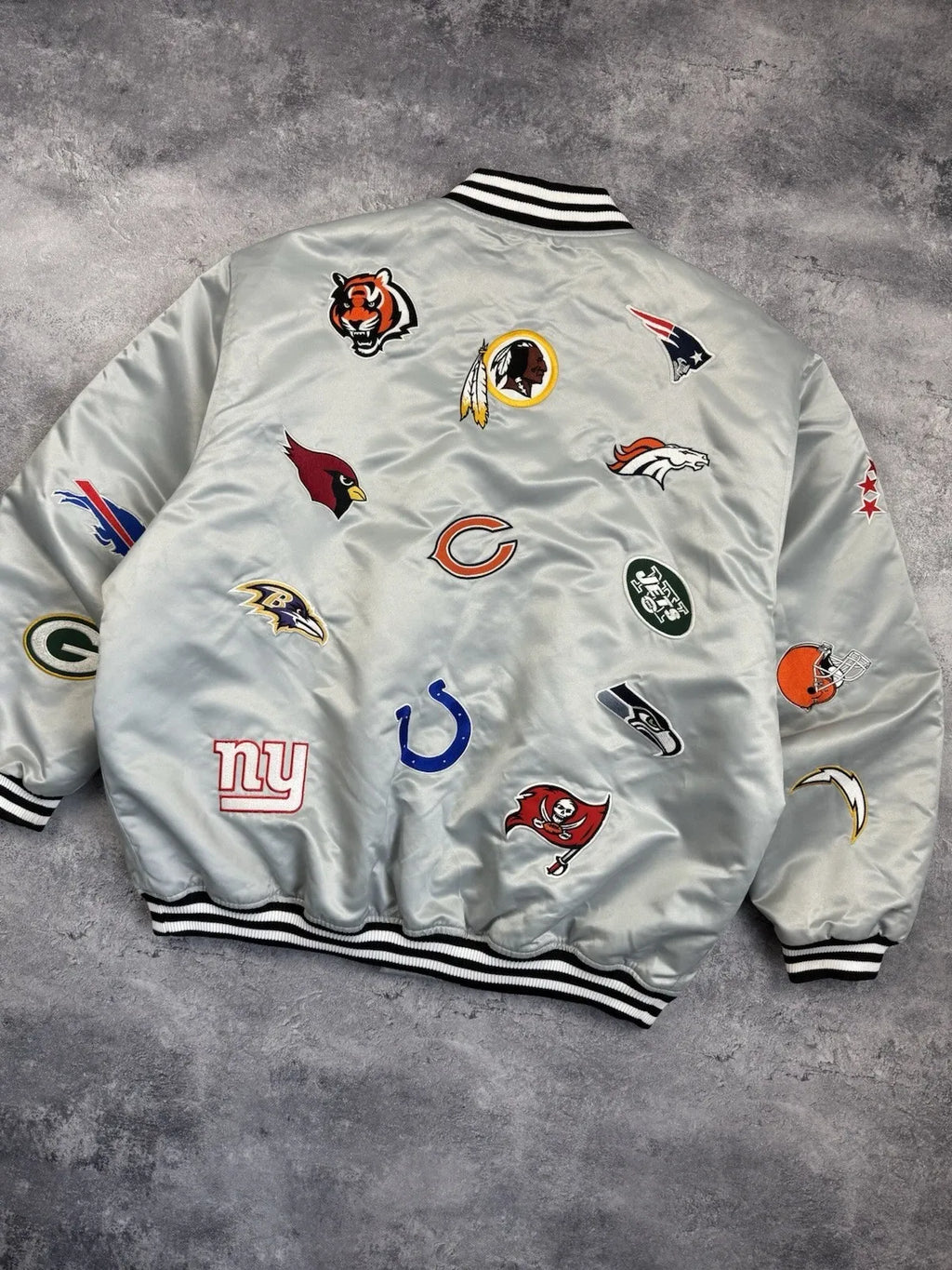 NFL All Over Team Logo Patch Satin Bomber Jacket
