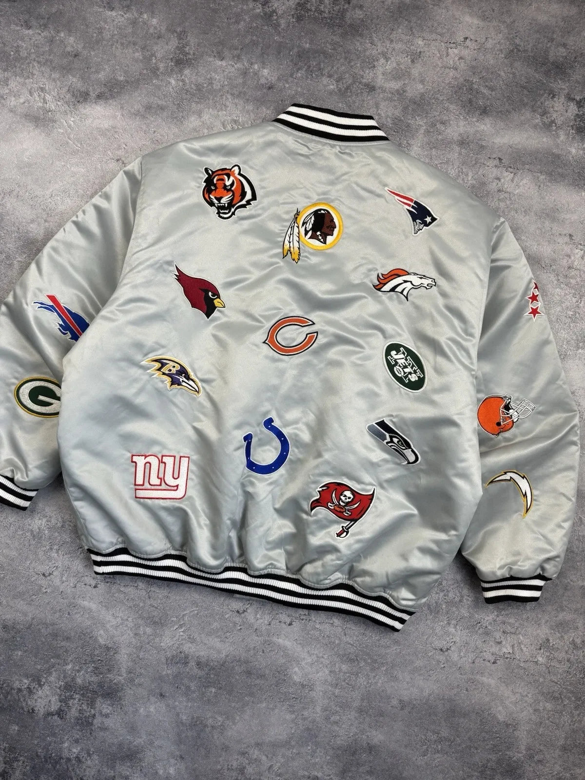 NFL All Over Team Logo Patch Satin Bomber Jacket