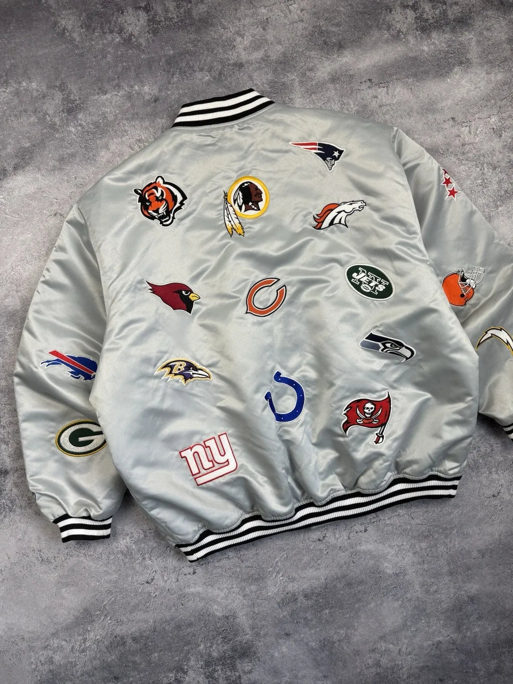 NFL All Over Team Logo Patch Satin Bomber Jacket