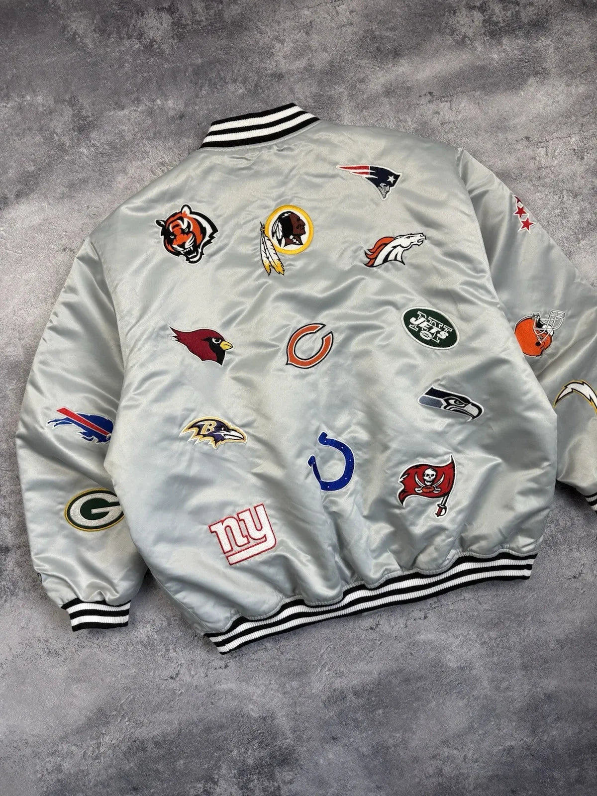 NFL All Over Team Logo Patch Satin Bomber Jacket