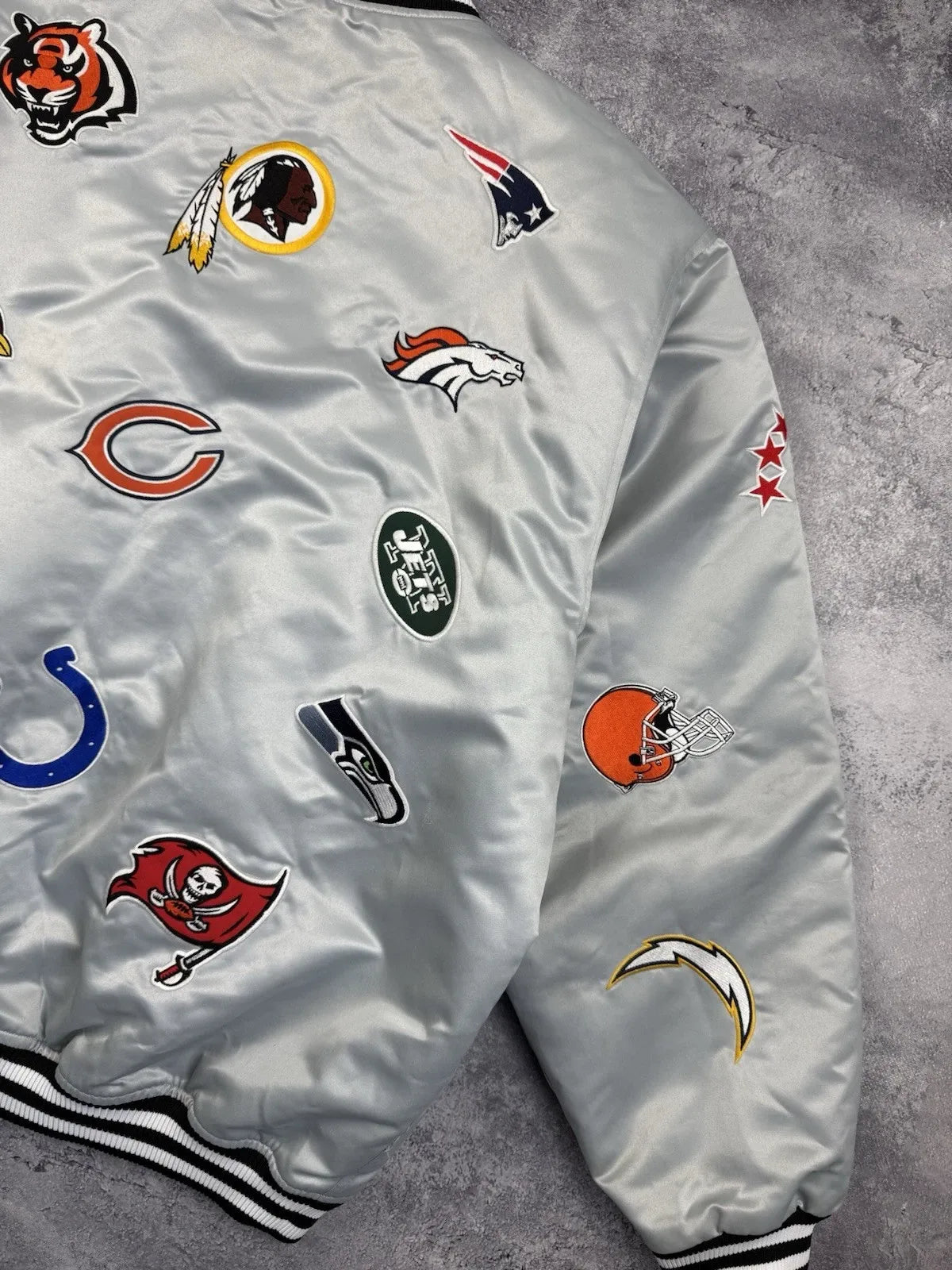 NFL All Over Team Logo Patch Satin Bomber Jacket
