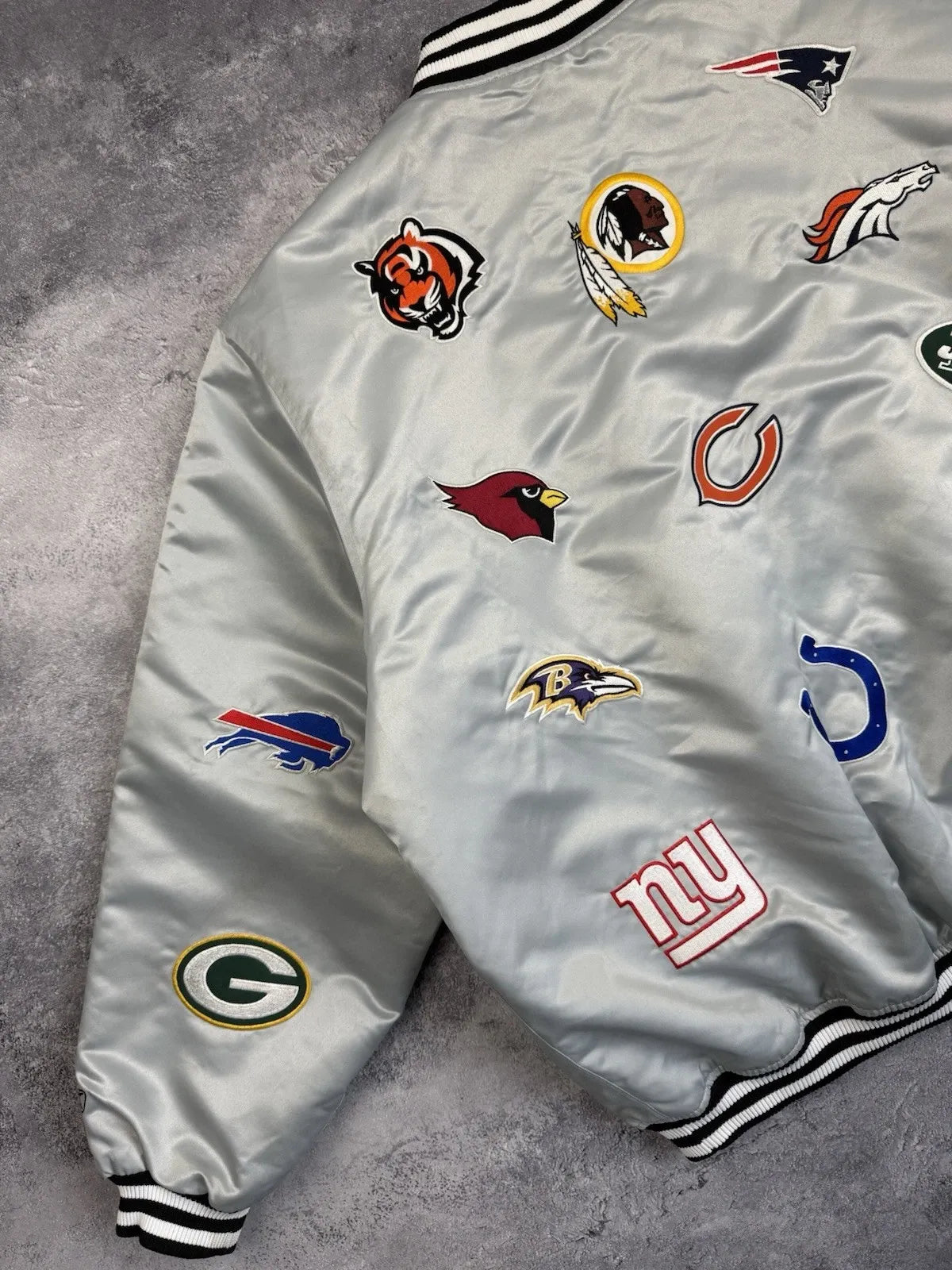 NFL All Over Team Logo Patch Satin Bomber Jacket