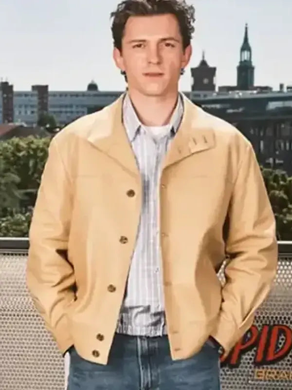 press tour photocall tom holland beige jacket