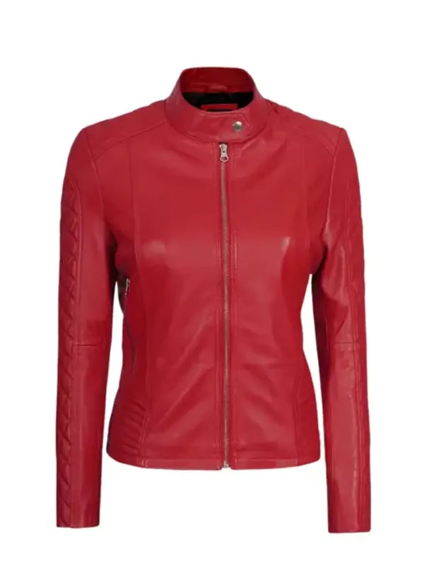 Women Cafe Racer Red Quilted Jacket