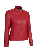 Women Cafe Racer Red Quilted Jacket
