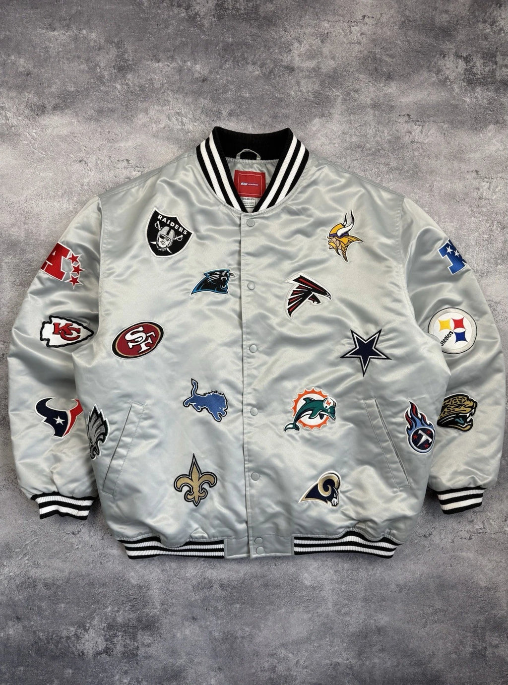 NFL All Over Team Logo Patch Satin Bomber Jacket