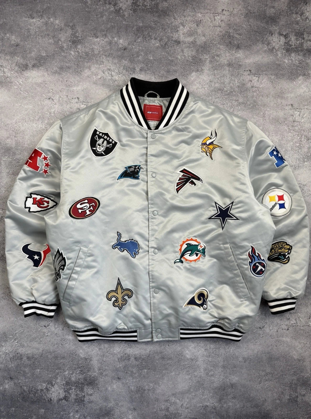 NFL All Over Team Logo Patch Satin Bomber Jacket