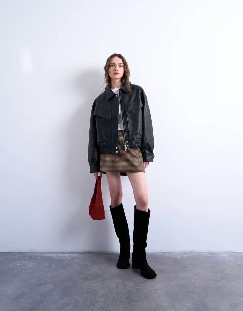 Topshop Oversized Faux Leather Bubble Boxy Zip Up Bomber Jacket In Black