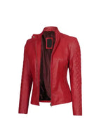 Women Cafe Racer Red Quilted Jacket