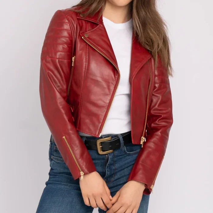 Asymmetrical Womens Red Leather Biker Jacket