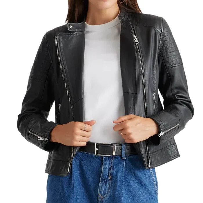 Black Womens Real Leather Cafe Racer Jacket