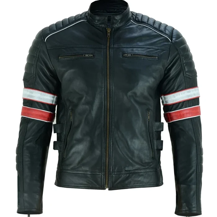 Cafe Racer Black Leather Striped Motorcycle Jacket