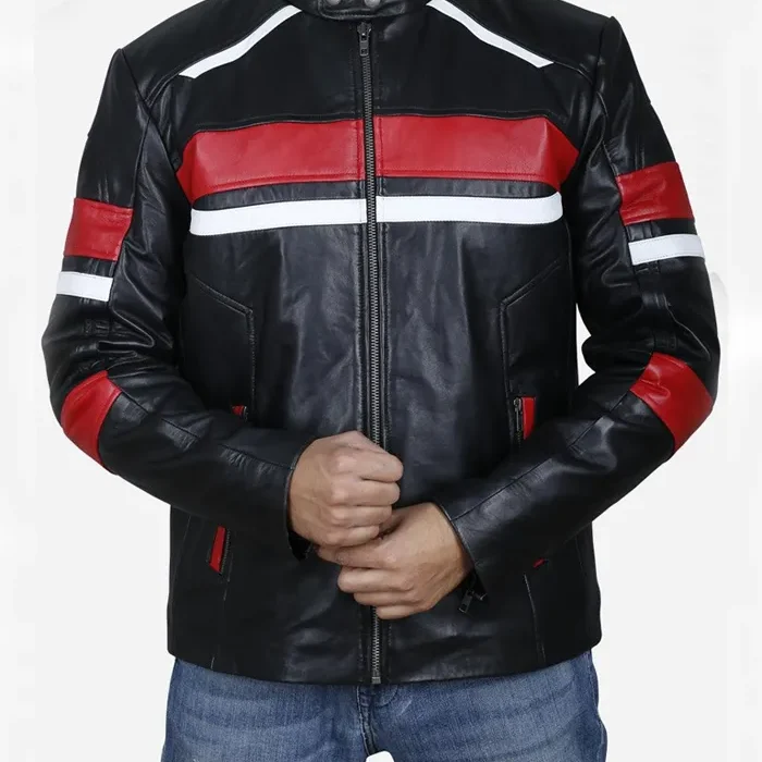 Med Red Striped Cafe Racer Biker Jacket