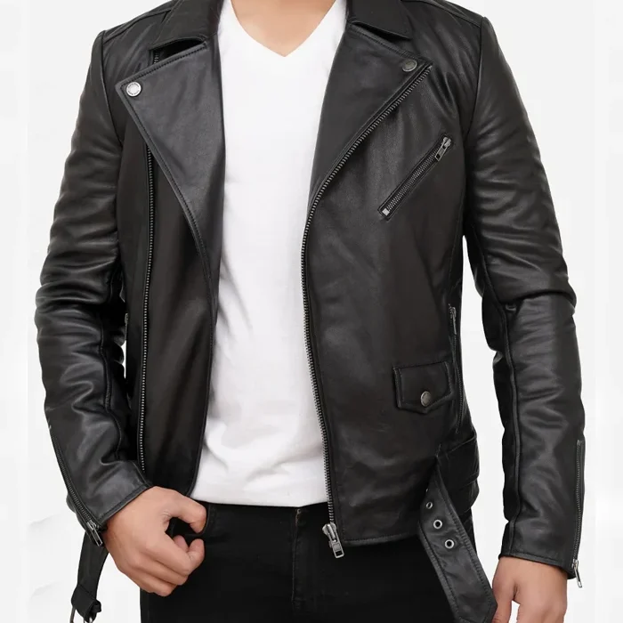 Men’s Black Real Leather Asymmetrical Biker Jacket